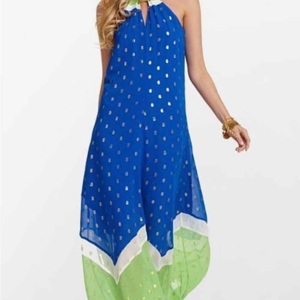 Lilly Pulitzer Winnie Maxi, Stunning Blue and Green Dress with Gold Accents